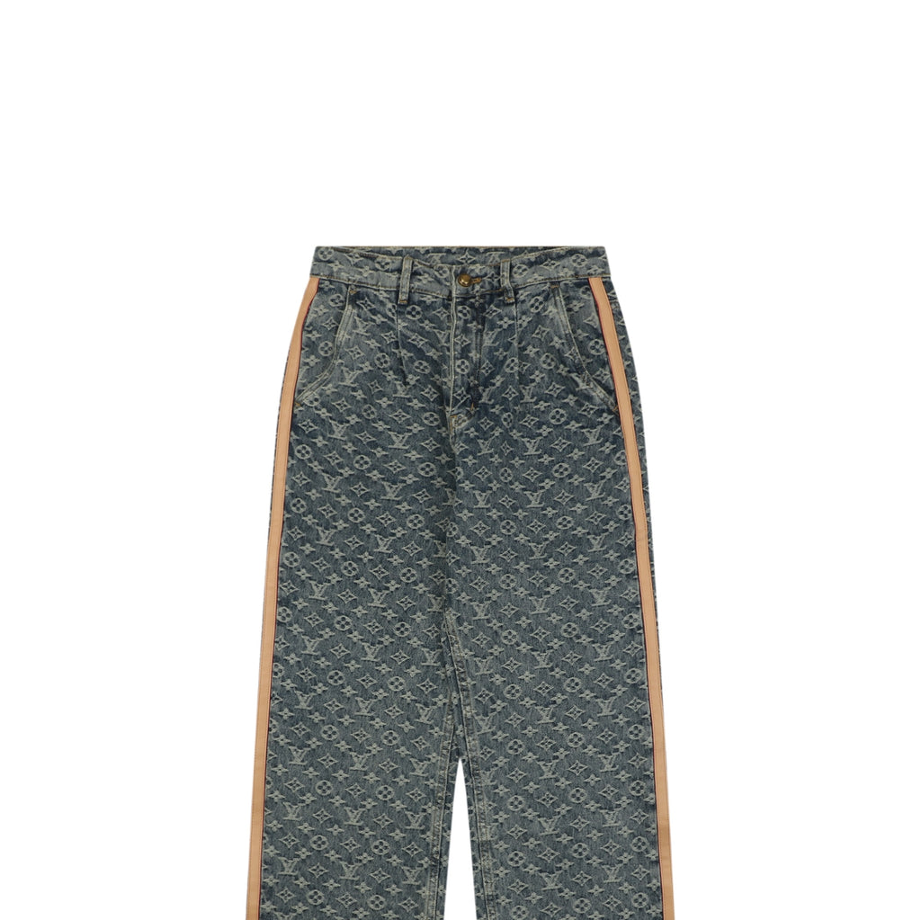 Louis Vuitton All-Over Monogram Jacquard Side Leather Tape Trim Straight-Leg Jeans | Grey-Green