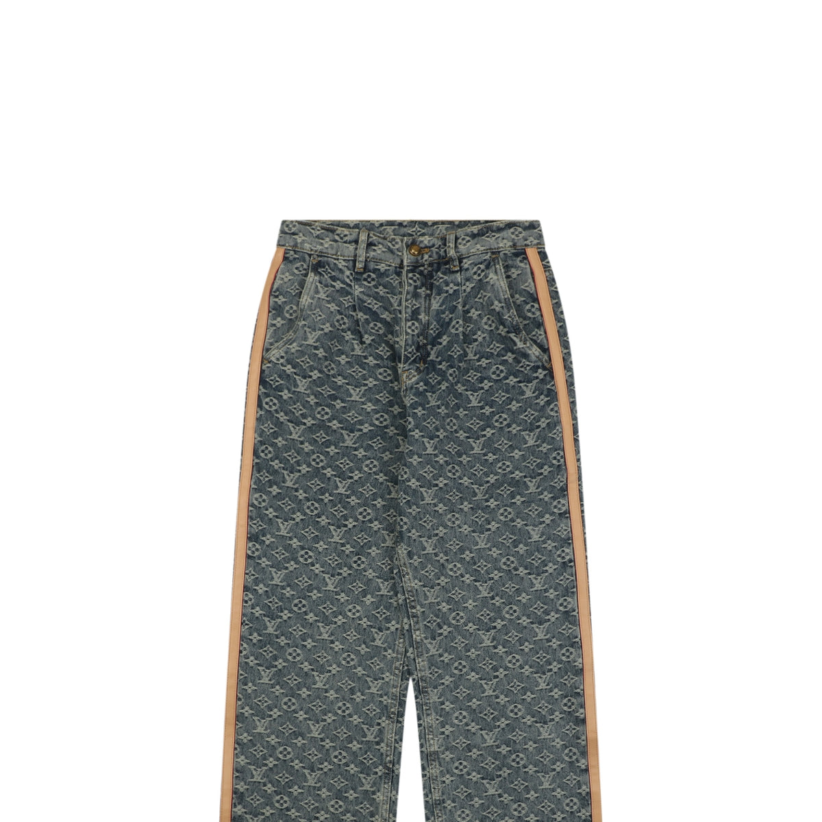 Louis Vuitton All-Over Monogram Jacquard Side Leather Tape Trim Straight-Leg Jeans | Grey-Green