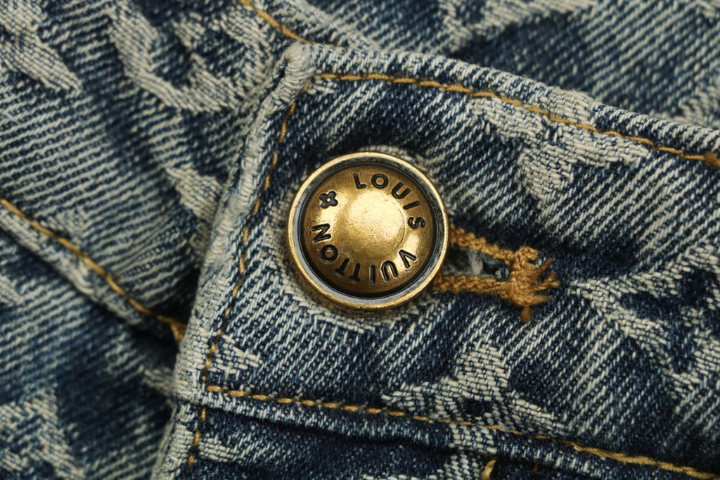 Louis Vuitton All-Over Monogram Jacquard Side Leather Tape Trim Straight-Leg Jeans | Grey-Green