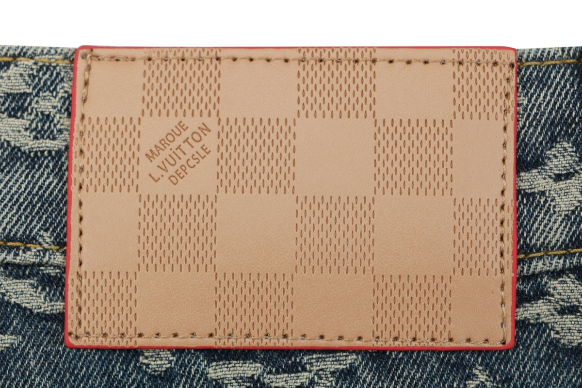 Louis Vuitton All-Over Monogram Jacquard Side Leather Tape Trim Straight-Leg Jeans | Grey-Green