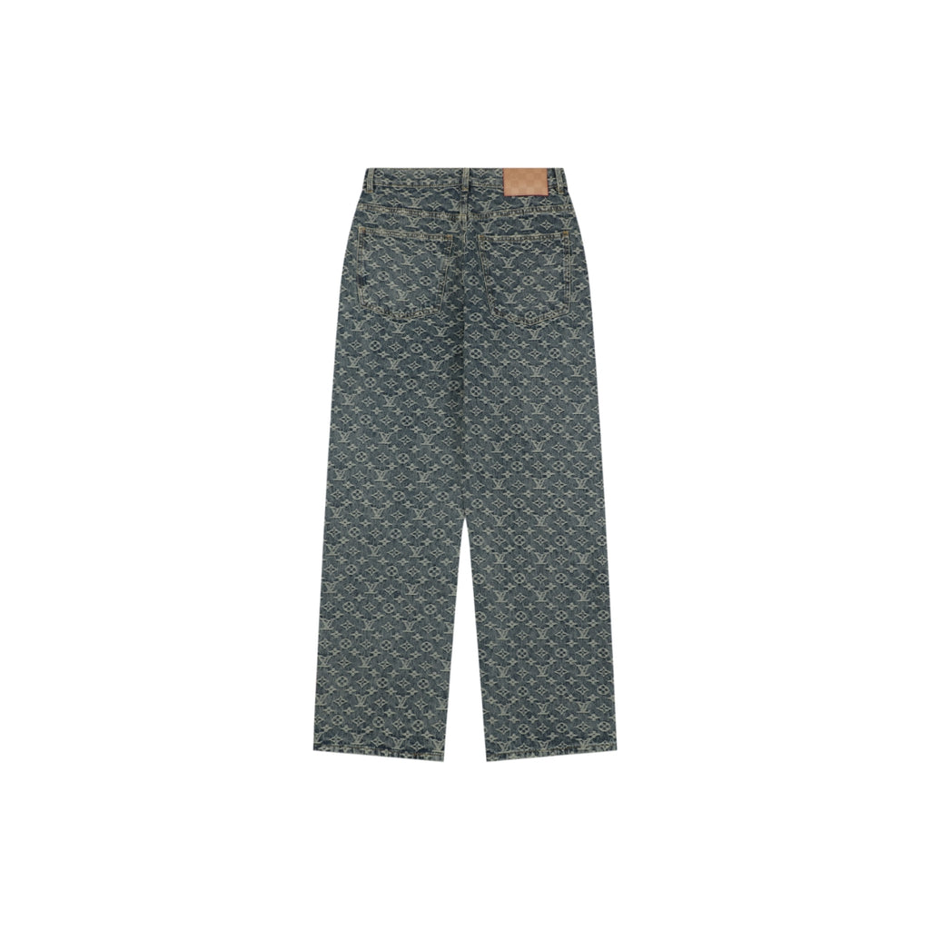Louis Vuitton All-Over Monogram Jacquard Side Leather Tape Trim Straight-Leg Jeans | Grey-Green