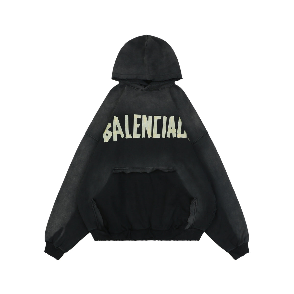 Balenciaga Yellow Tape Gothic Logo Print Oversized Pullover Hoodie | Black