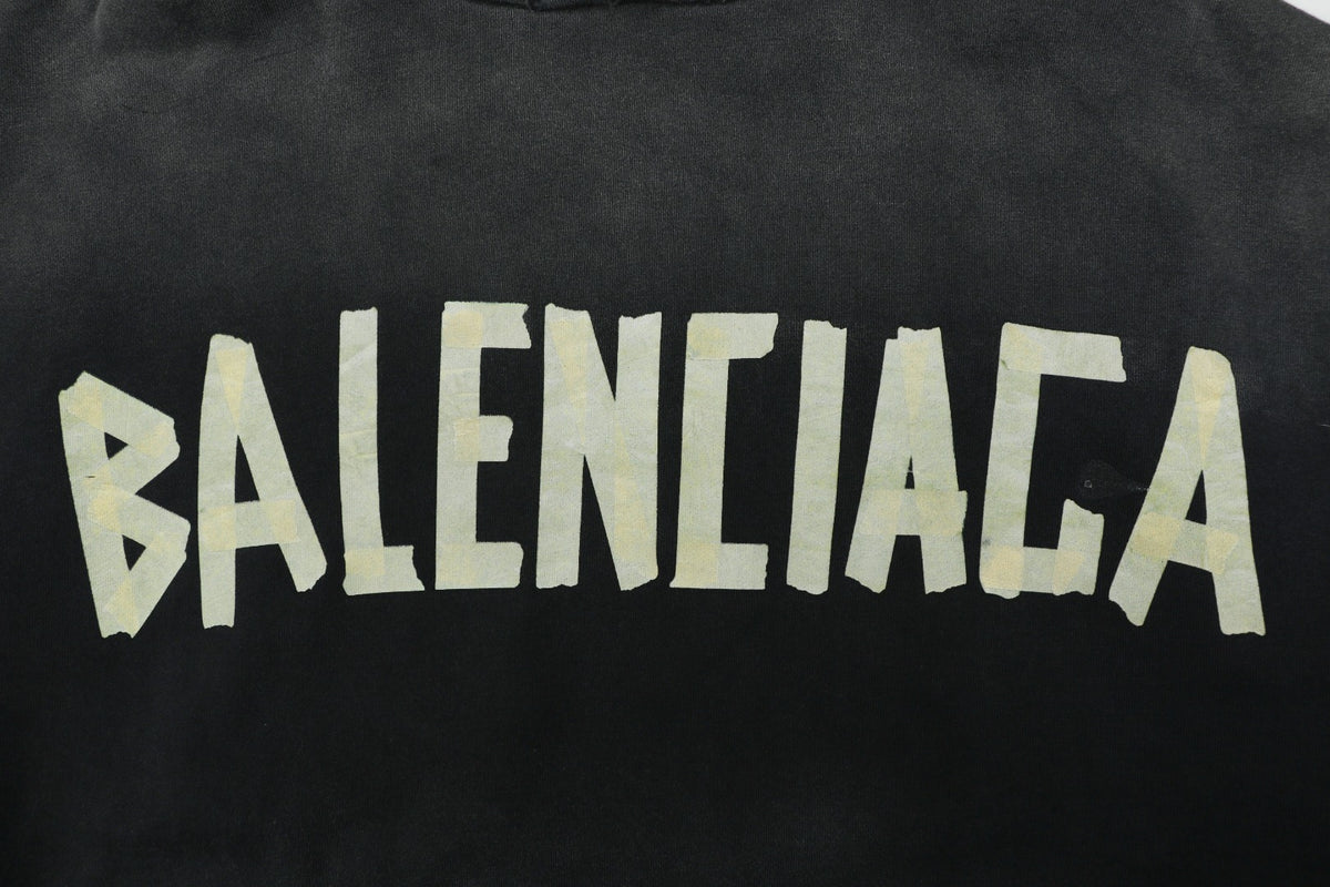 Balenciaga Yellow Tape Gothic Logo Print Oversized Pullover Hoodie | Black