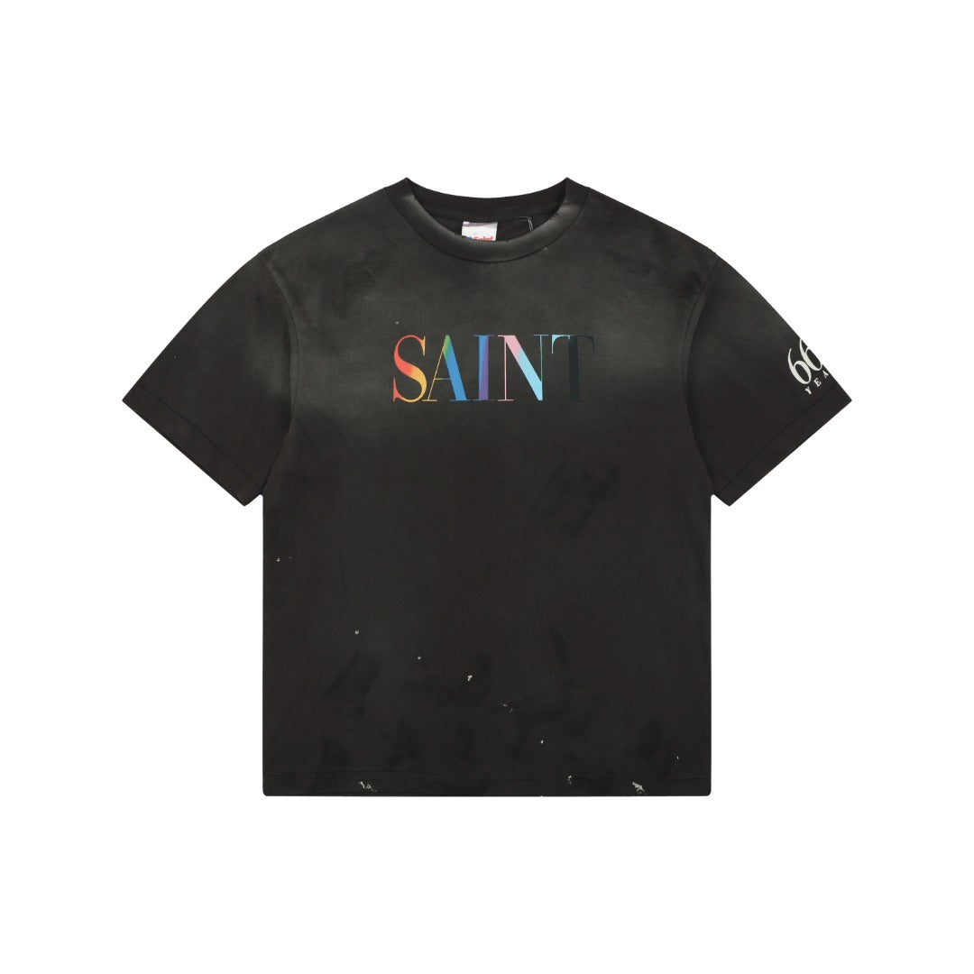 Saint Michael Rainbow SAINT Lettering Print Short Sleeve T-Shirt | Black