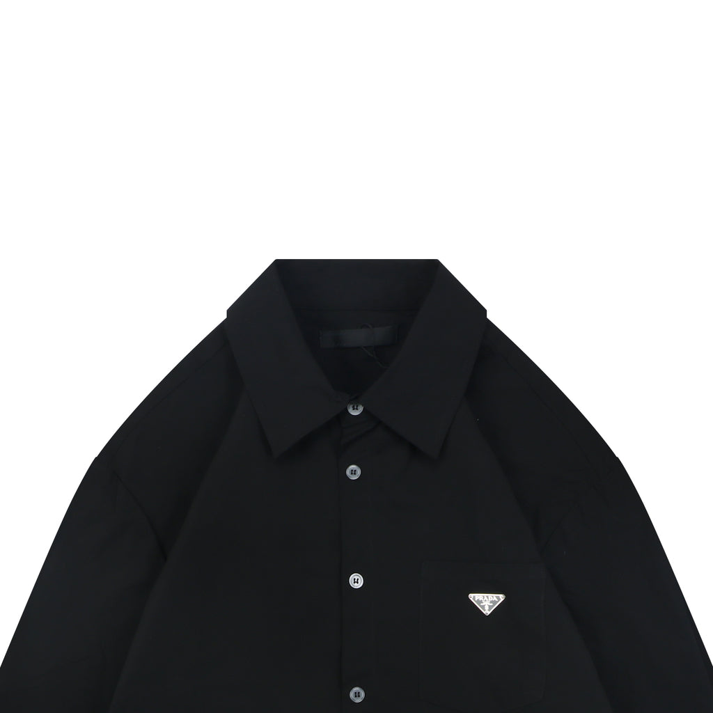 Prada Triangle Logo Plaque Chest Pocket Long-Sleeve Shirt | Black