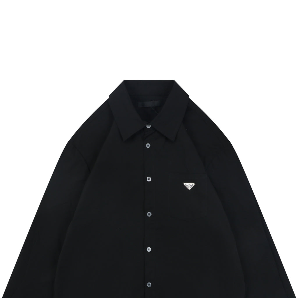 Prada Triangle Logo Plaque Chest Pocket Long-Sleeve Shirt | Black