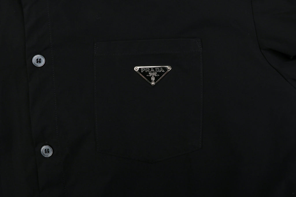 Prada Triangle Logo Plaque Chest Pocket Long-Sleeve Shirt | Black