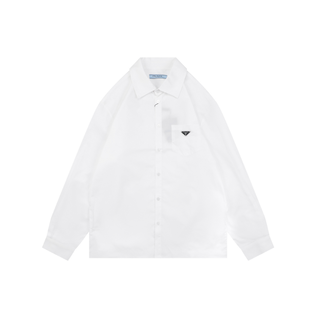 Prada Triangle Logo Plaque Chest Pocket Long-Sleeve Shirt | White