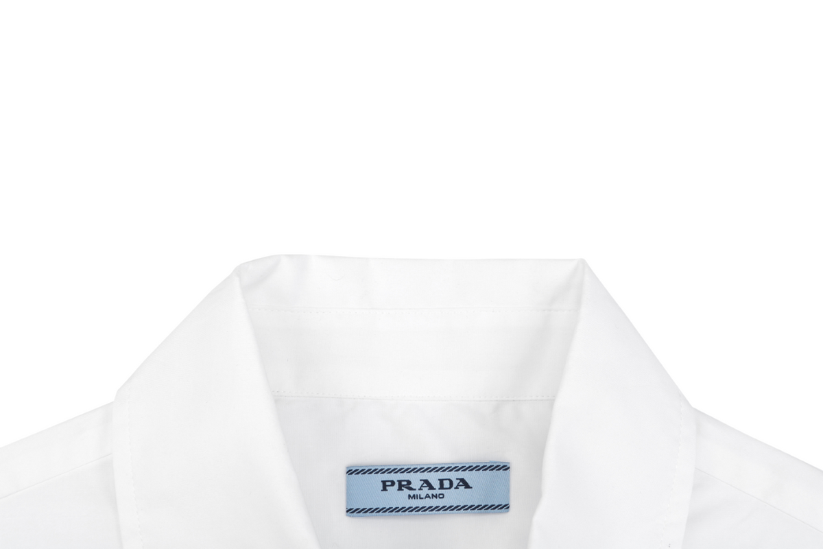 Prada Triangle Logo Plaque Chest Pocket Long-Sleeve Shirt | White