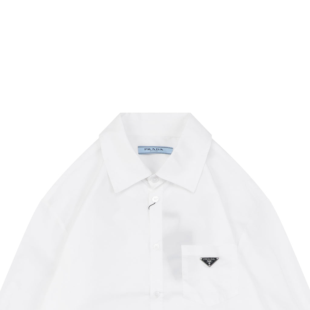 Prada Triangle Logo Plaque Chest Pocket Long-Sleeve Shirt | White