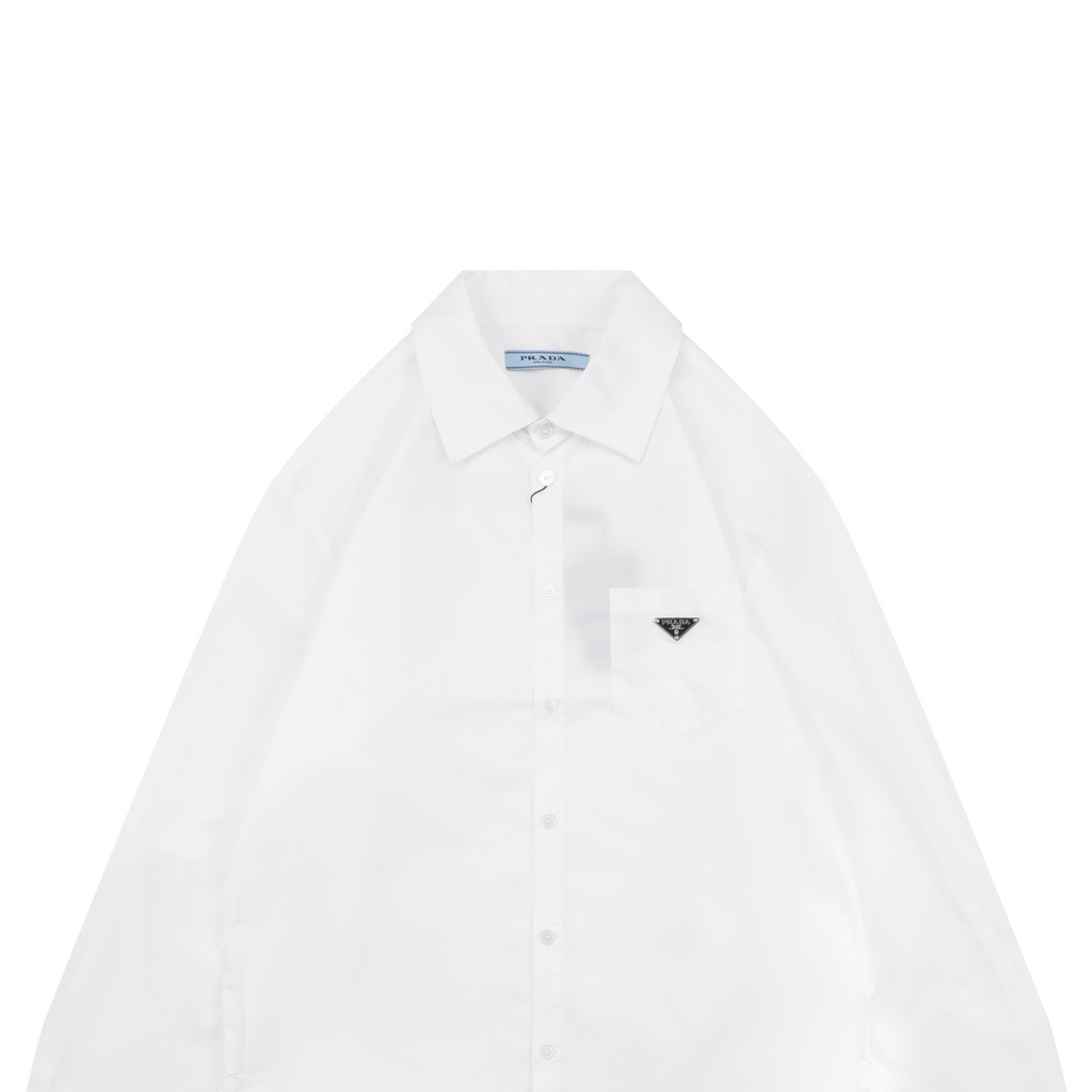 Prada Triangle Logo Plaque Chest Pocket Long-Sleeve Shirt | White