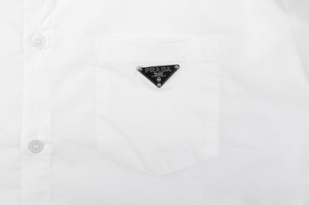 Prada Triangle Logo Plaque Chest Pocket Long-Sleeve Shirt | White
