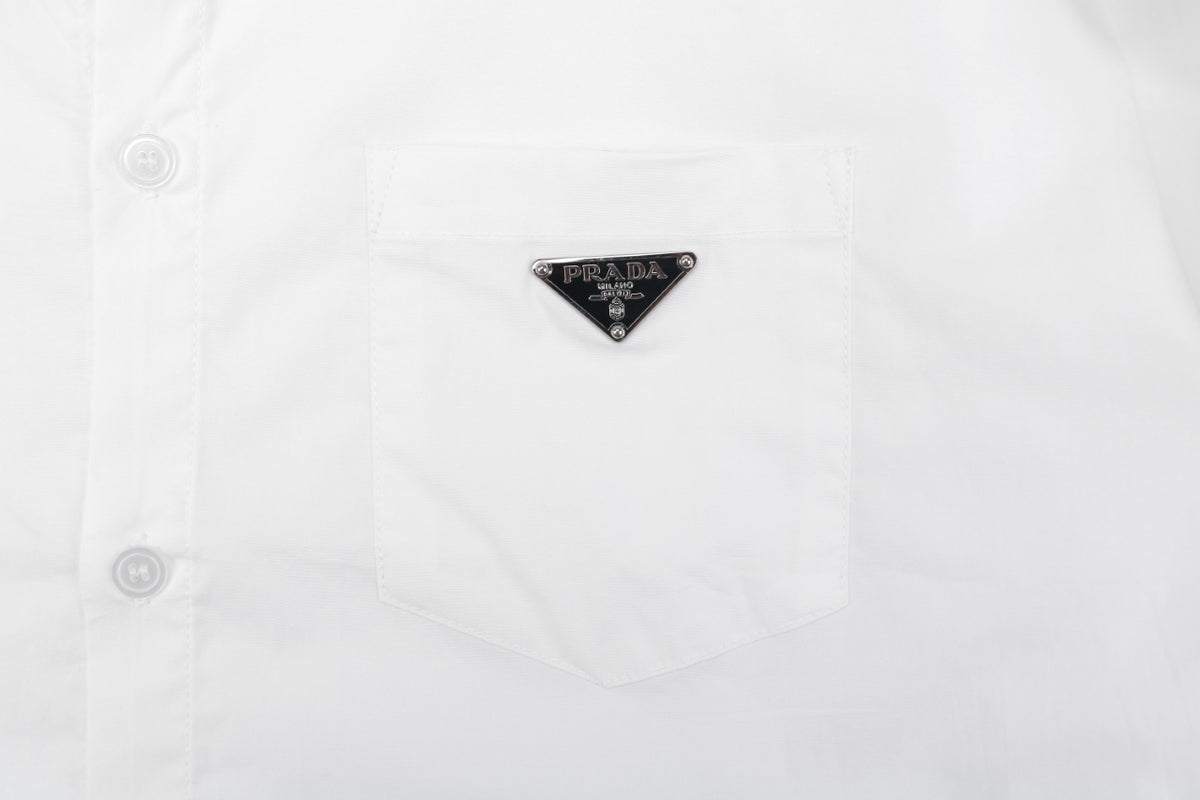 Prada Triangle Logo Plaque Chest Pocket Long-Sleeve Shirt | White