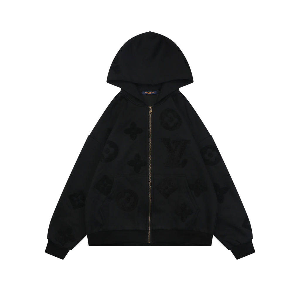 Louis Vuitton All-Over LV Monogram Terry Full-Zip Hoodie | Black | LV-AO-MON-TRY-FZ-HDY-BLK