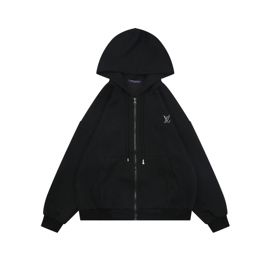 Louis Vuitton Metallic LV Monogram Small Logo Full-Zip Hoodie | Black | LV-MT-MON-SML-LGO-FZ-HDY-BLK