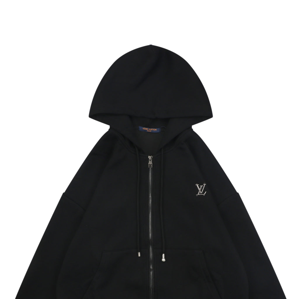 Louis Vuitton Metallic LV Monogram Small Logo Full-Zip Hoodie | Black | LV-MT-MON-SML-LGO-FZ-HDY-BLK