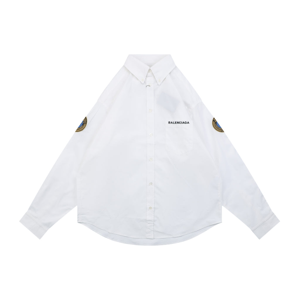 Balenciaga Dual Lion Badge Long Sleeve Shirt | White | BAL-DL-LIO-BGE-LS-SHT-WHT