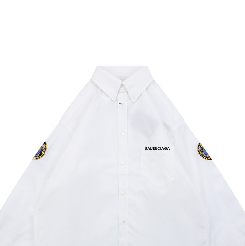 Balenciaga Dual Lion Badge Long Sleeve Shirt | White | BAL-DL-LIO-BGE-LS-SHT-WHT