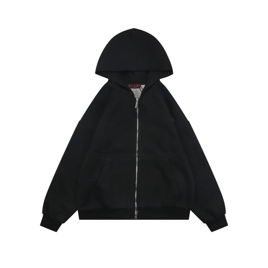Gucci Tonal G Letter Right Chest Small Appliqué Patch Full-Zip Hoodie | Black | GUC-TN-G-LTR-RT-SML-APL-FZ-HDY-BLK