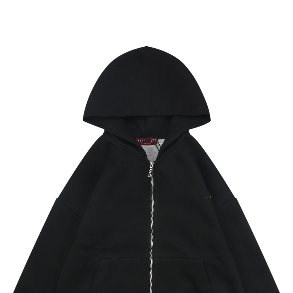 Gucci Tonal G Letter Right Chest Small Appliqué Patch Full-Zip Hoodie | Black | GUC-TN-G-LTR-RT-SML-APL-FZ-HDY-BLK