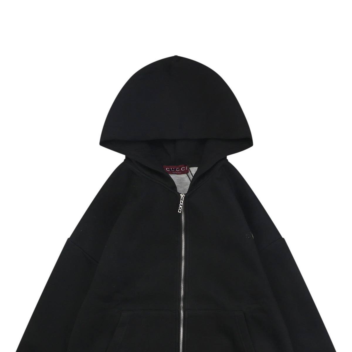 Gucci Tonal G Letter Right Chest Small Appliqué Patch Full-Zip Hoodie | Black | GUC-TN-G-LTR-RT-SML-APL-FZ-HDY-BLK