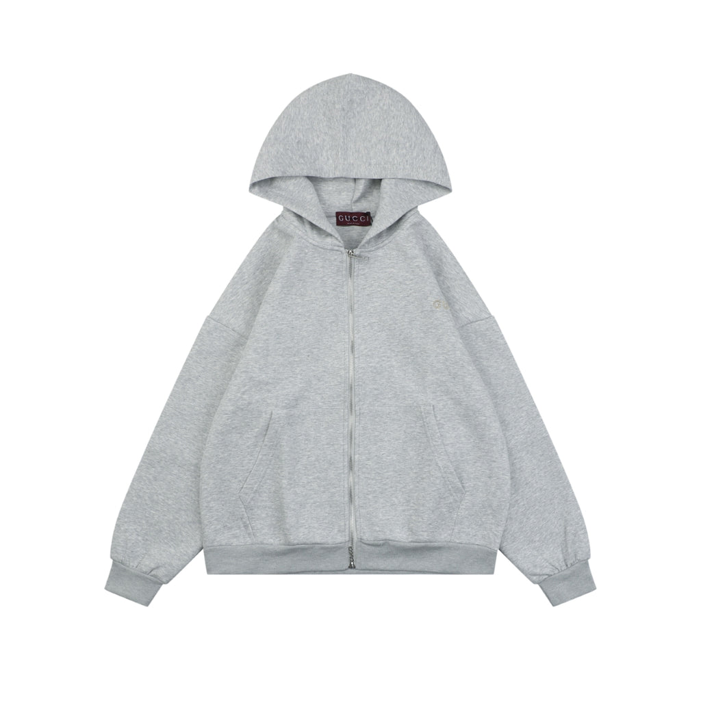 Gucci Tonal G Letter Right Chest Small Appliqué Patch Full-Zip Hoodie | Grey | GUC-TN-G-LTR-RT-SML-APL-FZ-HDY-GRY