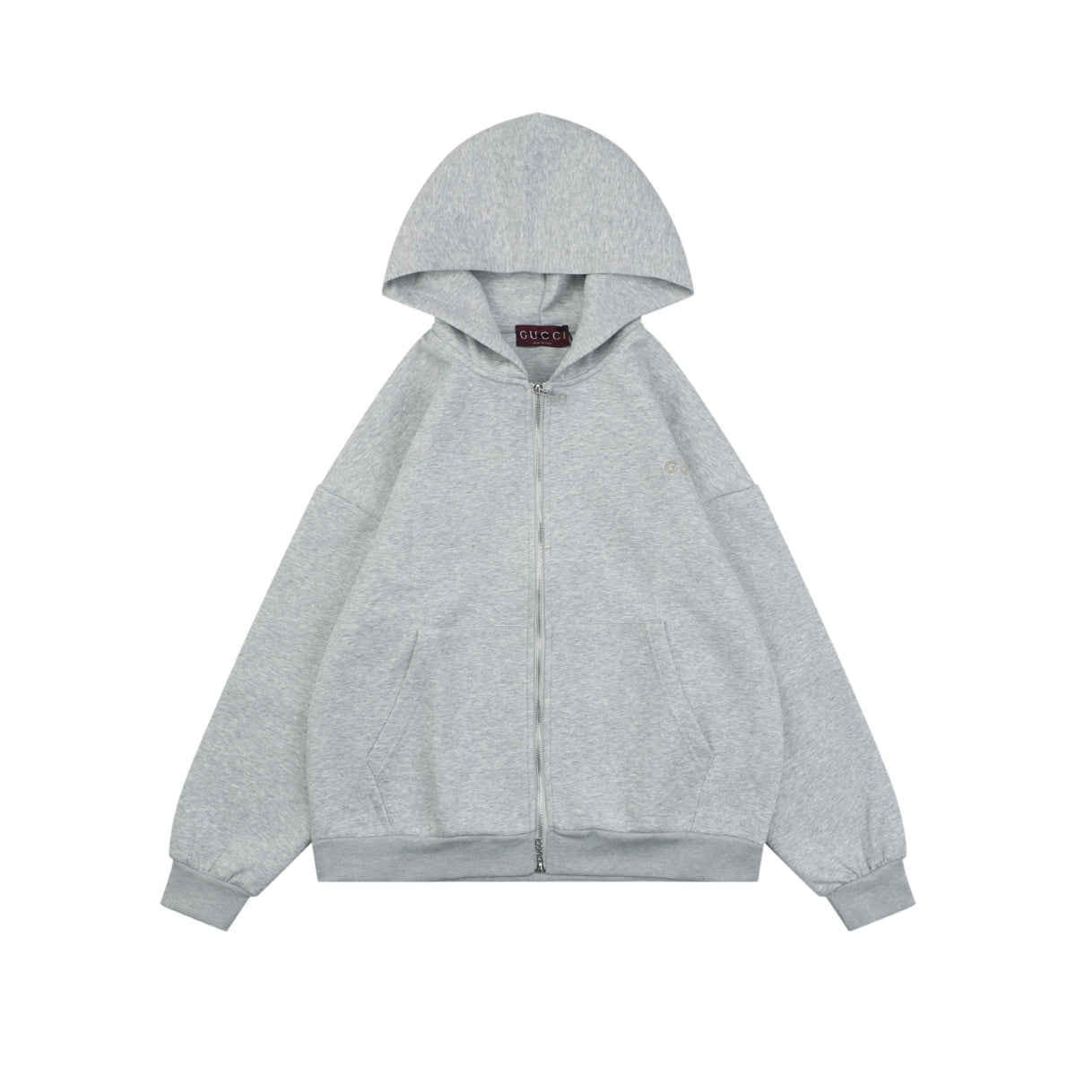 Gucci Tonal G Letter Right Chest Small Appliqué Patch Full-Zip Hoodie | Grey | GUC-TN-G-LTR-RT-SML-APL-FZ-HDY-GRY