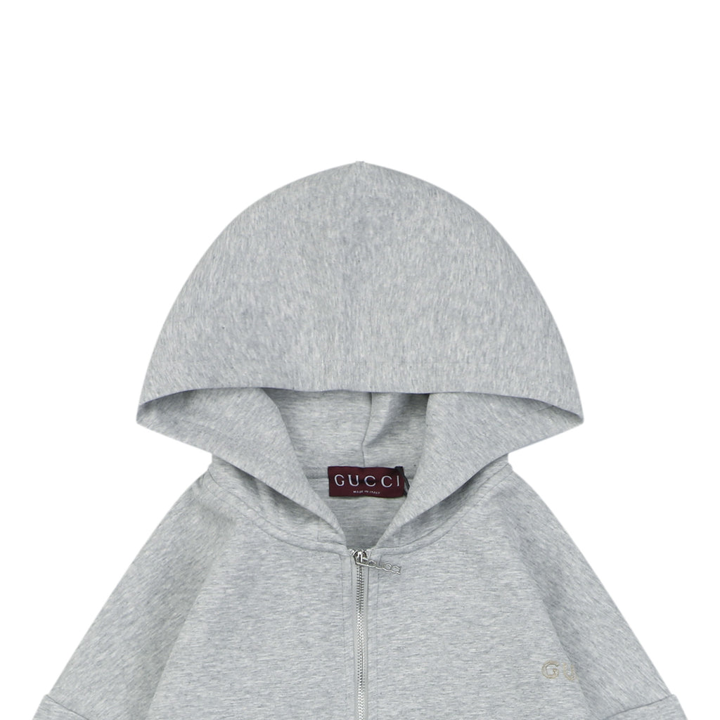 Gucci Tonal G Letter Right Chest Small Appliqué Patch Full-Zip Hoodie | Grey | GUC-TN-G-LTR-RT-SML-APL-FZ-HDY-GRY