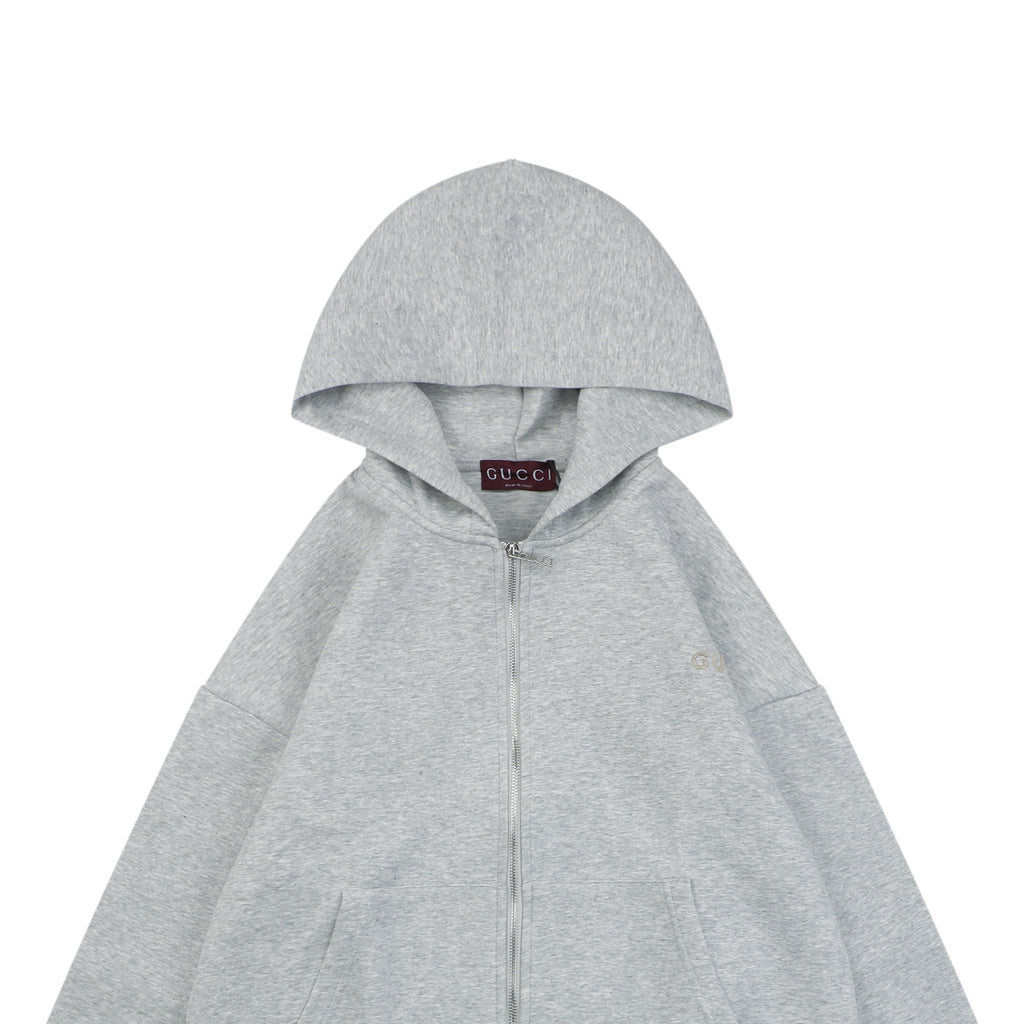 Gucci Tonal G Letter Right Chest Small Appliqué Patch Full-Zip Hoodie | Grey | GUC-TN-G-LTR-RT-SML-APL-FZ-HDY-GRY