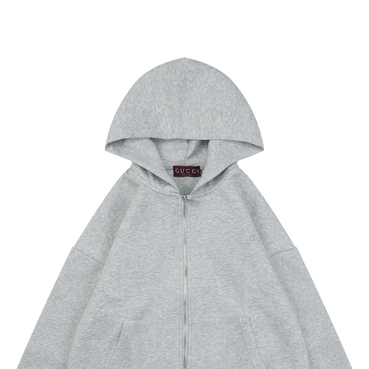 Gucci Tonal G Letter Right Chest Small Appliqué Patch Full-Zip Hoodie | Grey | GUC-TN-G-LTR-RT-SML-APL-FZ-HDY-GRY