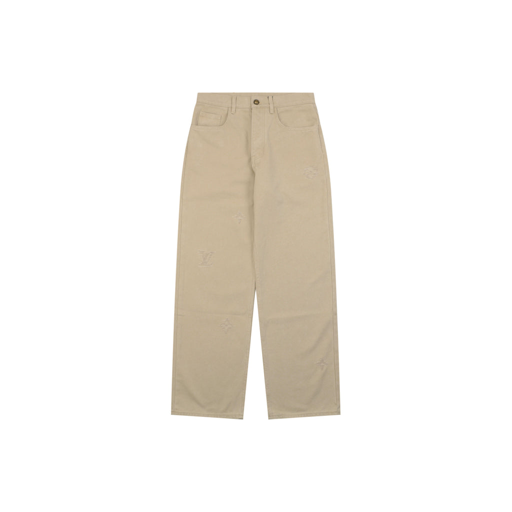 Louis Vuitton Hand-Painted LV Monogram Stitch-Embroidered Denim Jeans | Beige | LV-HP-MON-STH-EMB-DNM-JNS-BGE