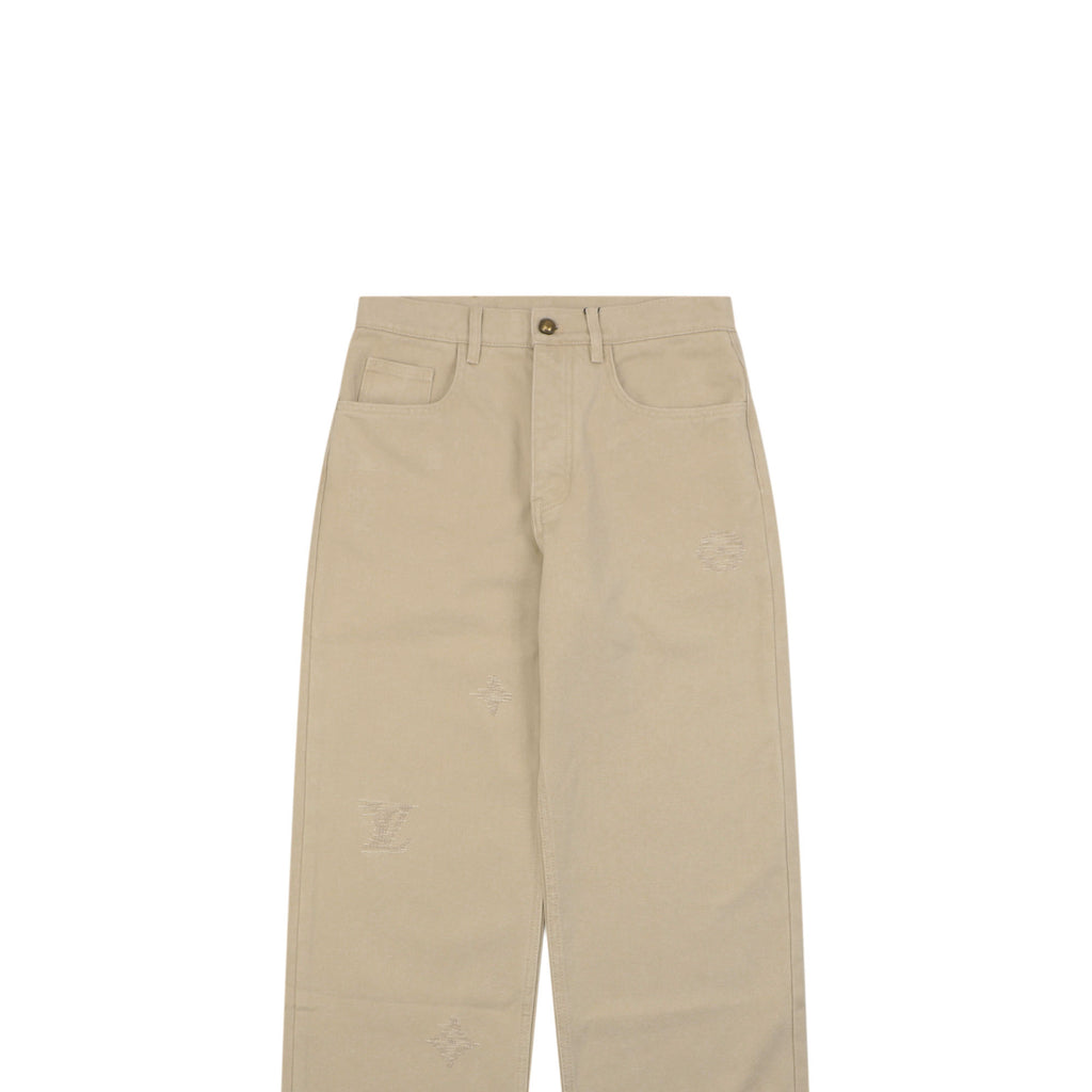 Louis Vuitton Hand-Painted LV Monogram Stitch-Embroidered Denim Jeans | Beige | LV-HP-MON-STH-EMB-DNM-JNS-BGE