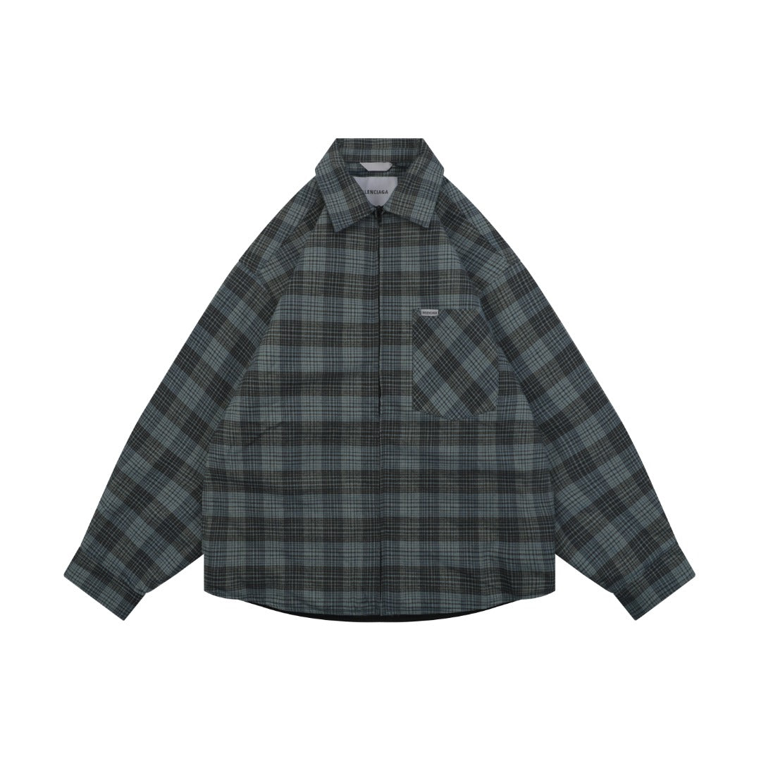 Balenciaga Paris Blue-Grey Plaid Padded Overshirt Jacket | Blue Grey | BAL-PAR-BLU-GRY-PLD-PAD-OSH-JKT-BGY