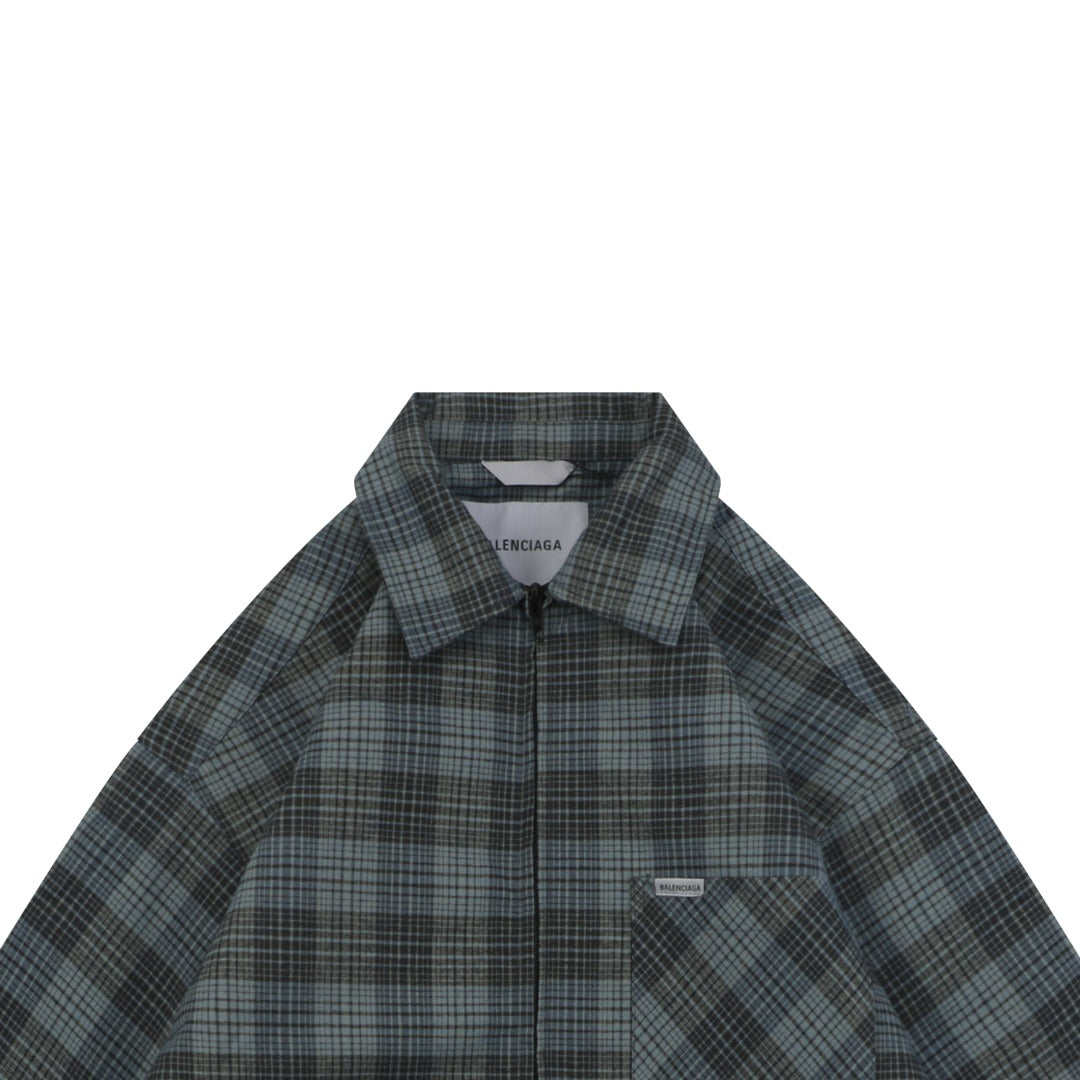 Balenciaga Paris Blue-Grey Plaid Padded Overshirt Jacket | Blue Grey | BAL-PAR-BLU-GRY-PLD-PAD-OSH-JKT-BGY