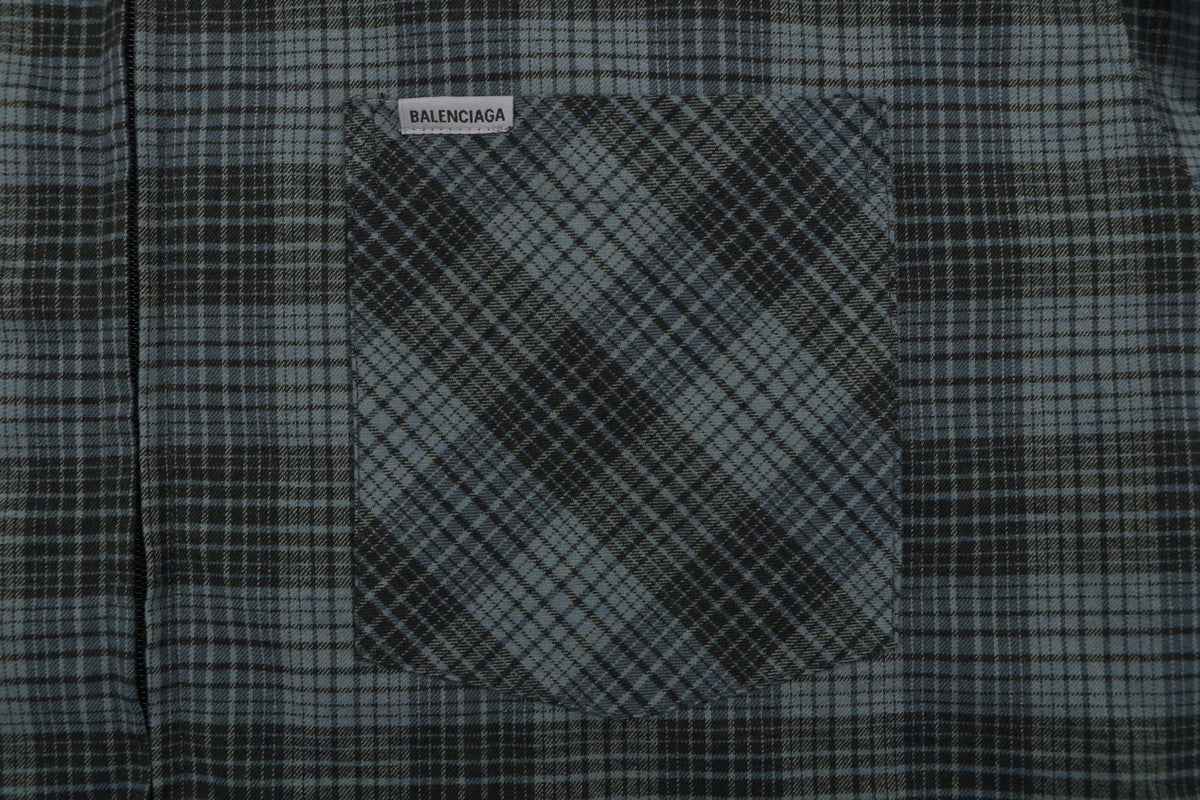 Balenciaga Paris Blue-Grey Plaid Padded Overshirt Jacket | Blue Grey | BAL-PAR-BLU-GRY-PLD-PAD-OSH-JKT-BGY