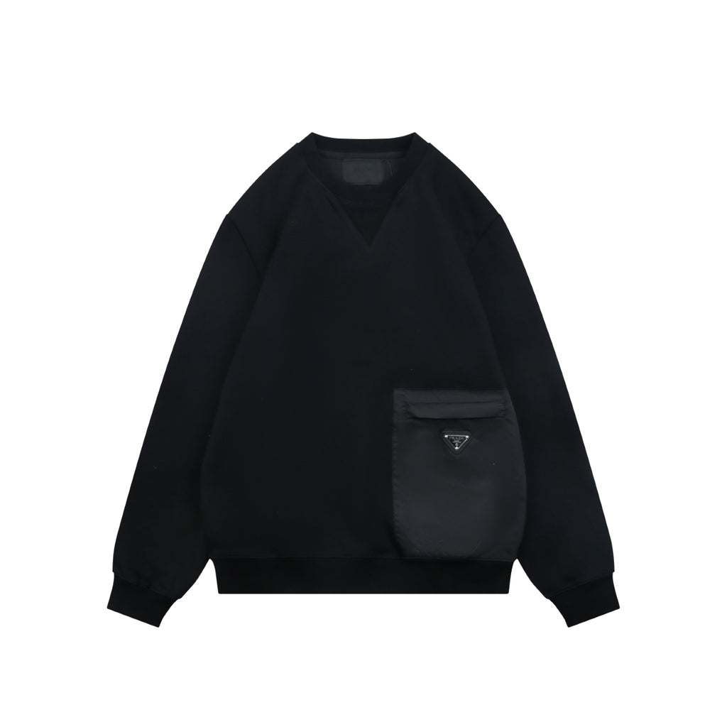 Prada Nylon-Splice Triangle Logo Lower-Right Crew Neck Sweatshirt | Black | PRA-NY-SPL-TRI-LGO-LR-CN-SWT-BLK