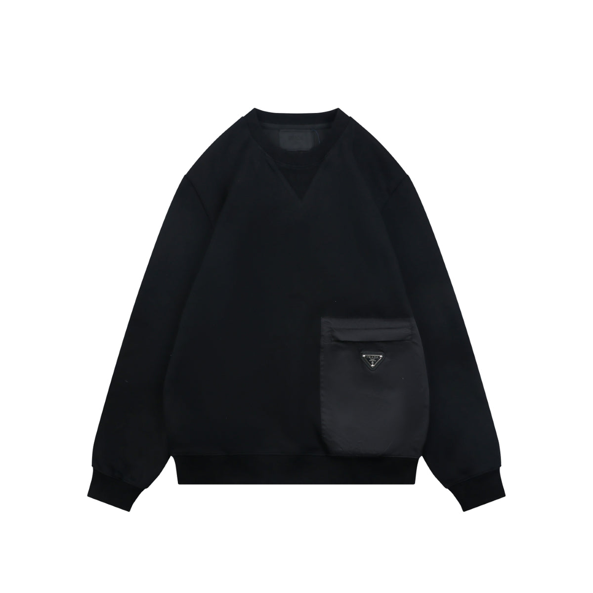 Prada Nylon-Splice Triangle Logo Lower-Right Crew Neck Sweatshirt | Black | PRA-NY-SPL-TRI-LGO-LR-CN-SWT-BLK