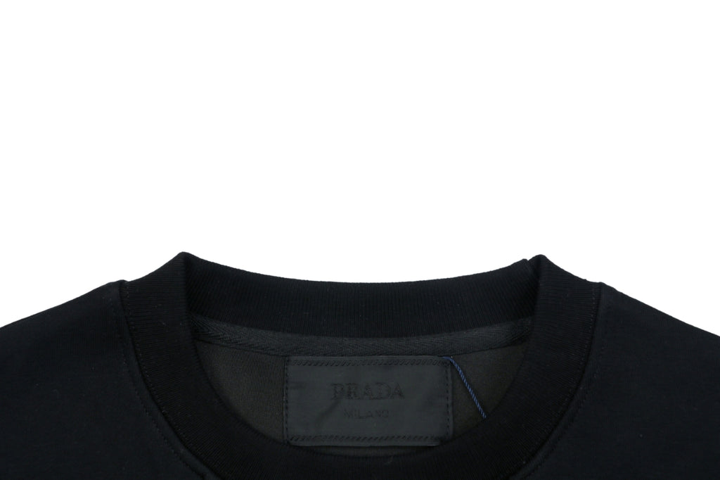 Prada Nylon-Splice Triangle Logo Lower-Right Crew Neck Sweatshirt | Black | PRA-NY-SPL-TRI-LGO-LR-CN-SWT-BLK