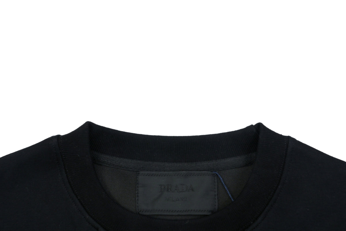Prada Nylon-Splice Triangle Logo Lower-Right Crew Neck Sweatshirt | Black | PRA-NY-SPL-TRI-LGO-LR-CN-SWT-BLK