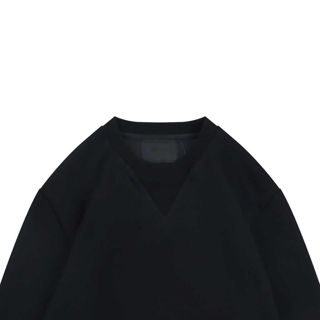 Prada Nylon-Splice Triangle Logo Lower-Right Crew Neck Sweatshirt | Black | PRA-NY-SPL-TRI-LGO-LR-CN-SWT-BLK