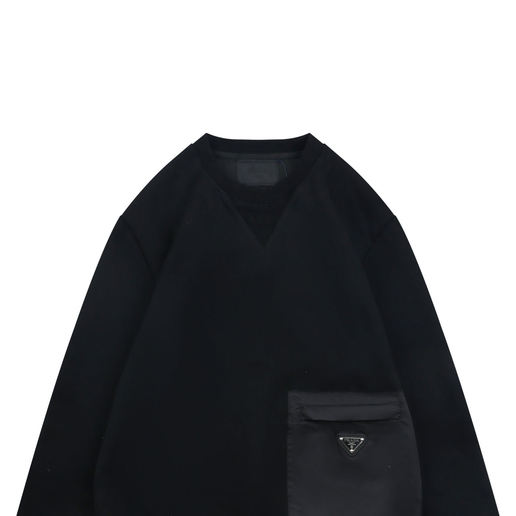 Prada Nylon-Splice Triangle Logo Lower-Right Crew Neck Sweatshirt | Black | PRA-NY-SPL-TRI-LGO-LR-CN-SWT-BLK