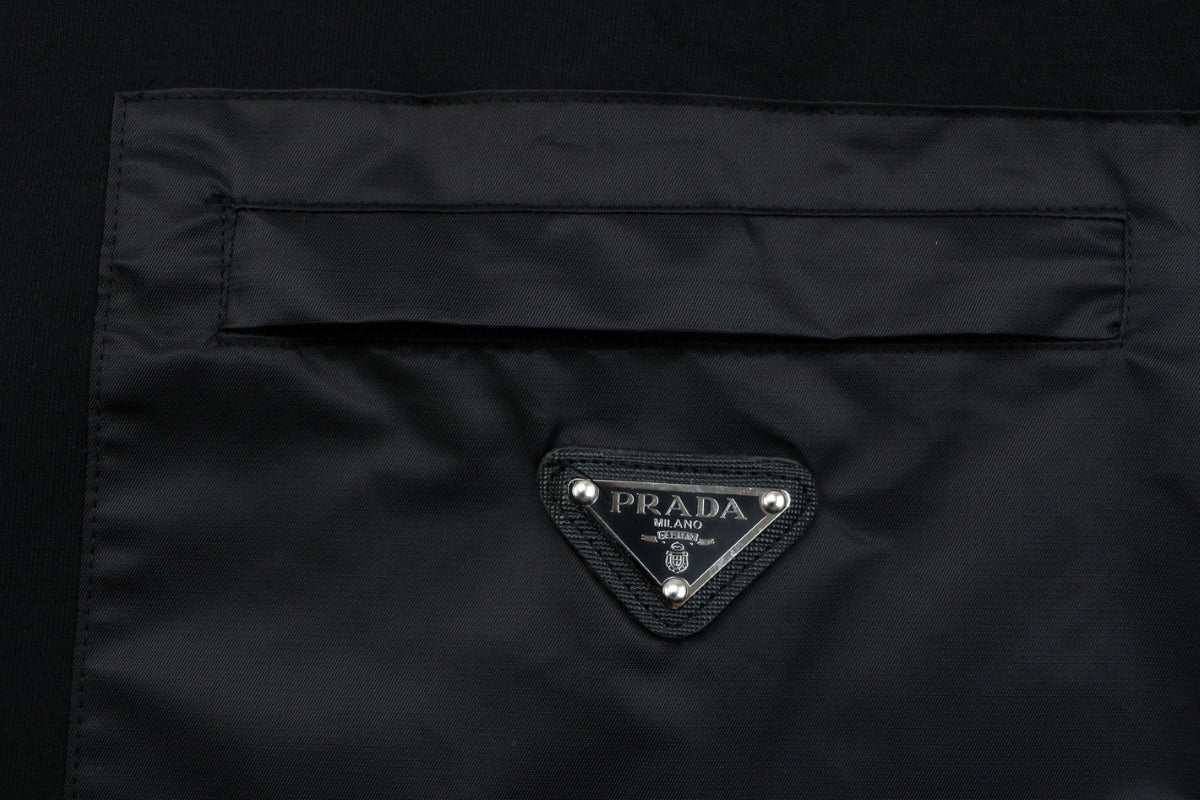 Prada Nylon-Splice Triangle Logo Lower-Right Crew Neck Sweatshirt | Black | PRA-NY-SPL-TRI-LGO-LR-CN-SWT-BLK
