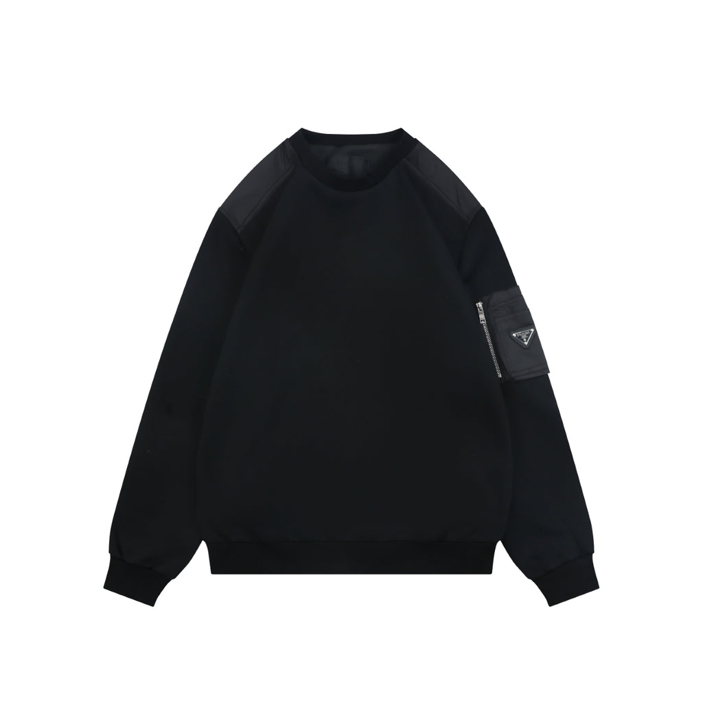Prada Re-Nylon Sleeve Zip Pocket Triangle Logo Crew Neck Sweatshirt | Black | PRA-NY-SLV-ZIP-PKT-TRI-LGO-CN-SWT-BLK