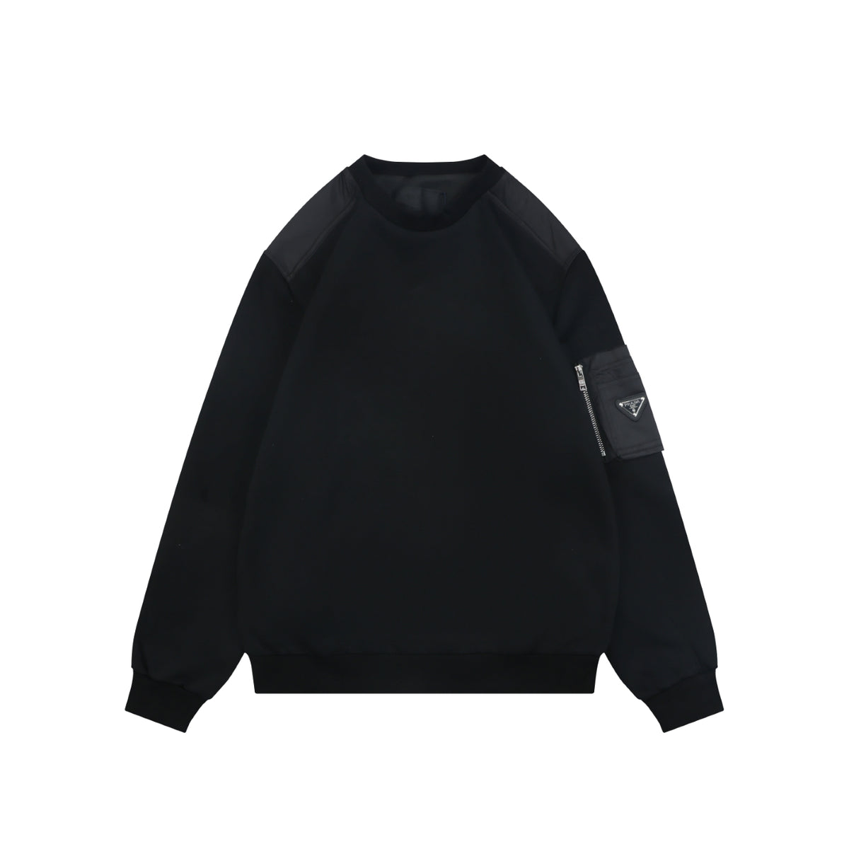 Prada Re-Nylon Sleeve Zip Pocket Triangle Logo Crew Neck Sweatshirt | Black | PRA-NY-SLV-ZIP-PKT-TRI-LGO-CN-SWT-BLK