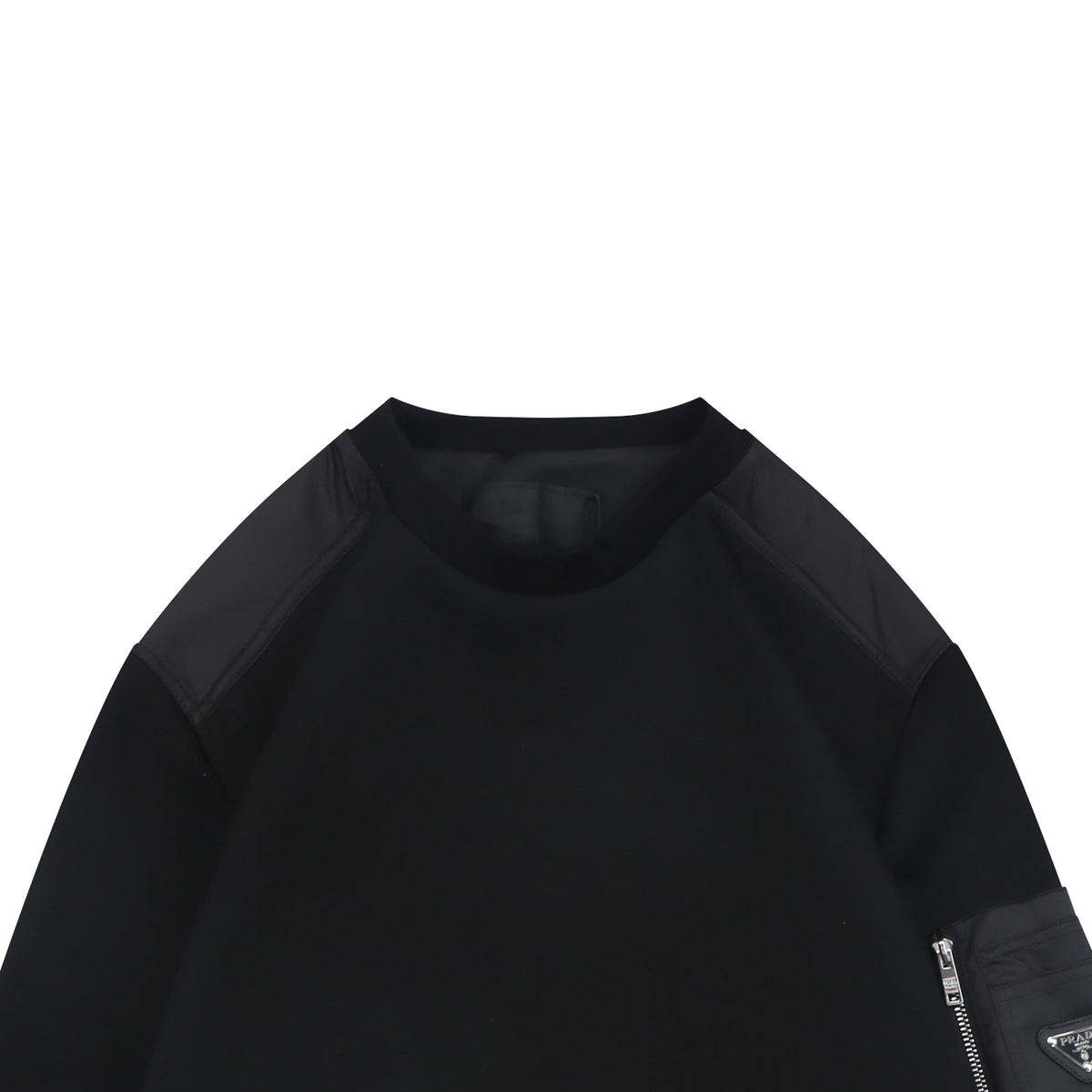 Prada Re-Nylon Sleeve Zip Pocket Triangle Logo Crew Neck Sweatshirt | Black | PRA-NY-SLV-ZIP-PKT-TRI-LGO-CN-SWT-BLK