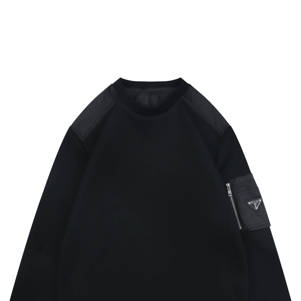 Prada Re-Nylon Sleeve Zip Pocket Triangle Logo Crew Neck Sweatshirt | Black | PRA-NY-SLV-ZIP-PKT-TRI-LGO-CN-SWT-BLK