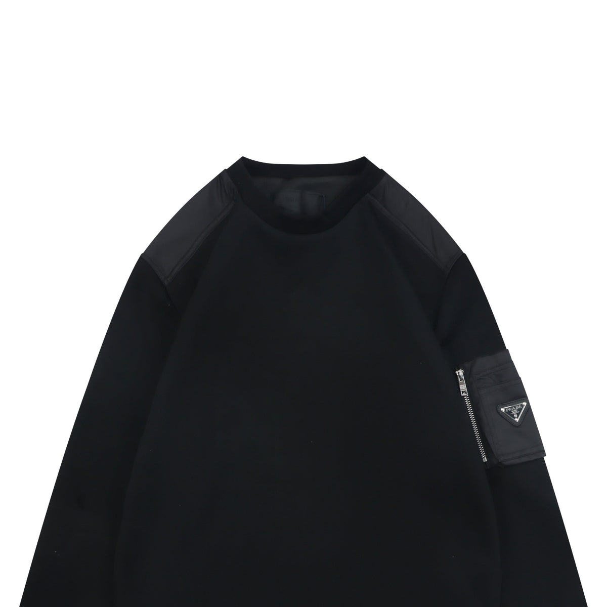 Prada Re-Nylon Sleeve Zip Pocket Triangle Logo Crew Neck Sweatshirt | Black | PRA-NY-SLV-ZIP-PKT-TRI-LGO-CN-SWT-BLK
