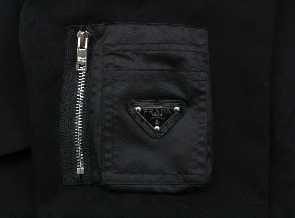 Prada Re-Nylon Sleeve Zip Pocket Triangle Logo Crew Neck Sweatshirt | Black | PRA-NY-SLV-ZIP-PKT-TRI-LGO-CN-SWT-BLK