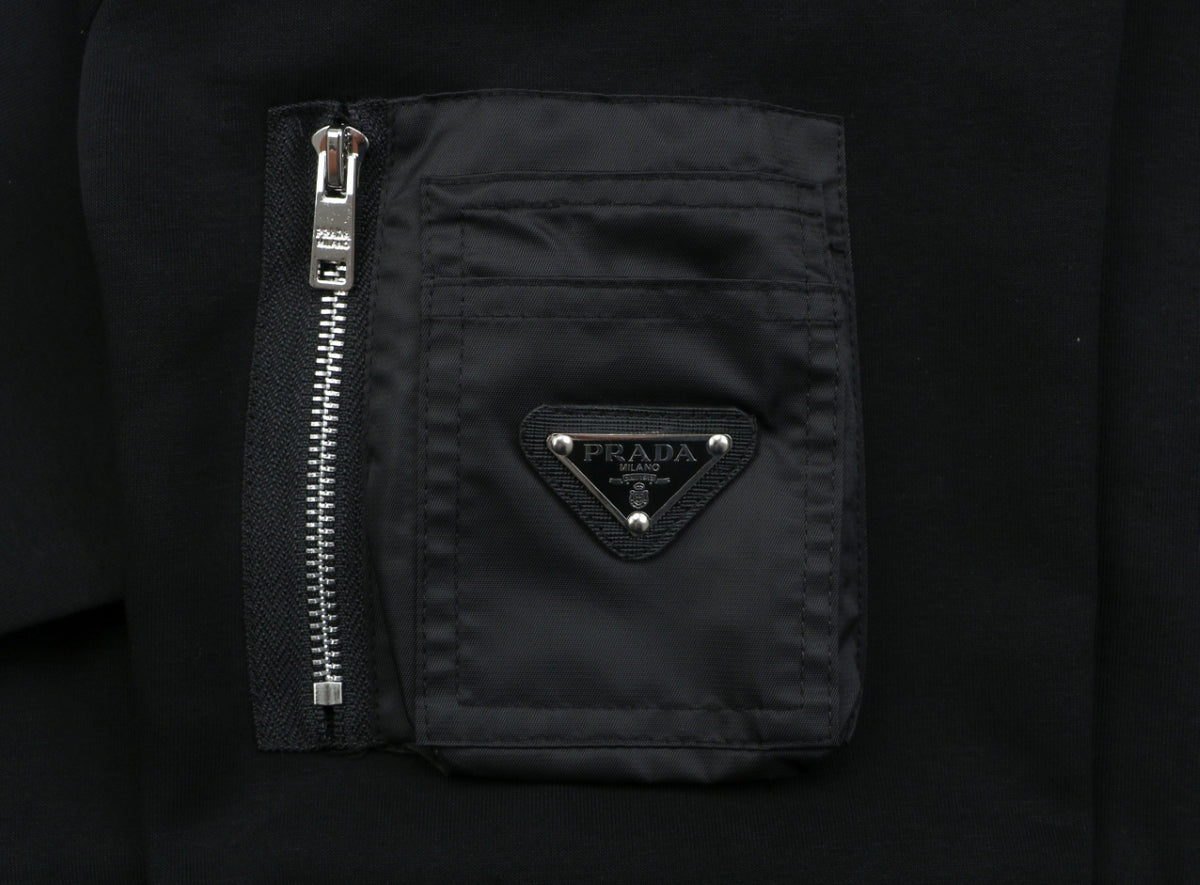 Prada Re-Nylon Sleeve Zip Pocket Triangle Logo Crew Neck Sweatshirt | Black | PRA-NY-SLV-ZIP-PKT-TRI-LGO-CN-SWT-BLK