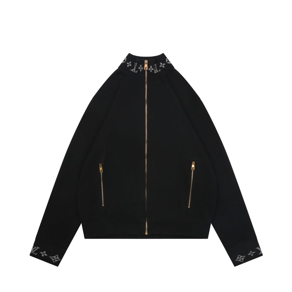 Louis Vuitton LV Monogram Rib-Trim Stand Collar Full-Zip Jacket | Black | LV-MON-RIB-STD-CLR-FZ-JKT-BLK